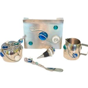 Handmade stainless steel blue beaded kitchen 5 piece set